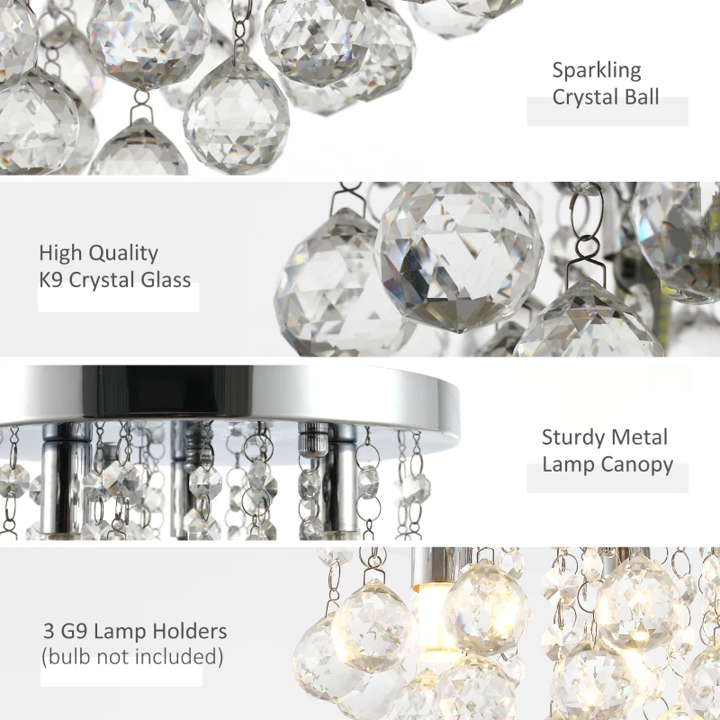 HOMCOM Mini Style Modern Crystal Ceiling Lamp Crystal Chandelier for Bedroom, Hallway, Kitchen, G9 Lamp Holder, Silver, Ф25 x 15cm