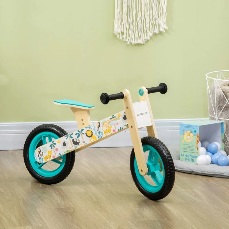 AIYAPLAY Bicicleta sem Pedais de Madeira com Assento Ajustável 34-40cm Bicicleta de Equilíbrio Infantil  87x37x50cm Turquesa