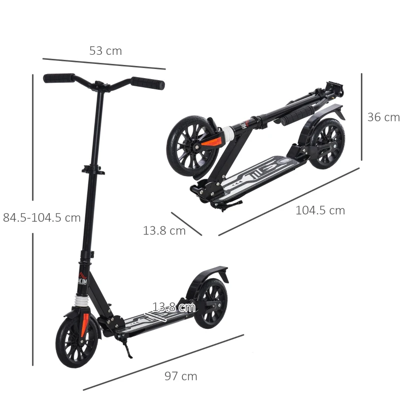 HOMCOM Kick Scooter Foldable Height Adjustable Aluminum Ride for 14+ Adult Teens with Rear Wheel Brake, Shock Mitigation System and Supported Stand