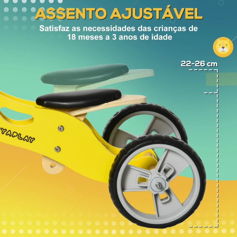 AIYAPLAY Bicicleta sem Pedais de Madeira 2 em 1 Triciclo Infantil com Assento Ajustável de 22-26cm 60x38x38cm Amarelo