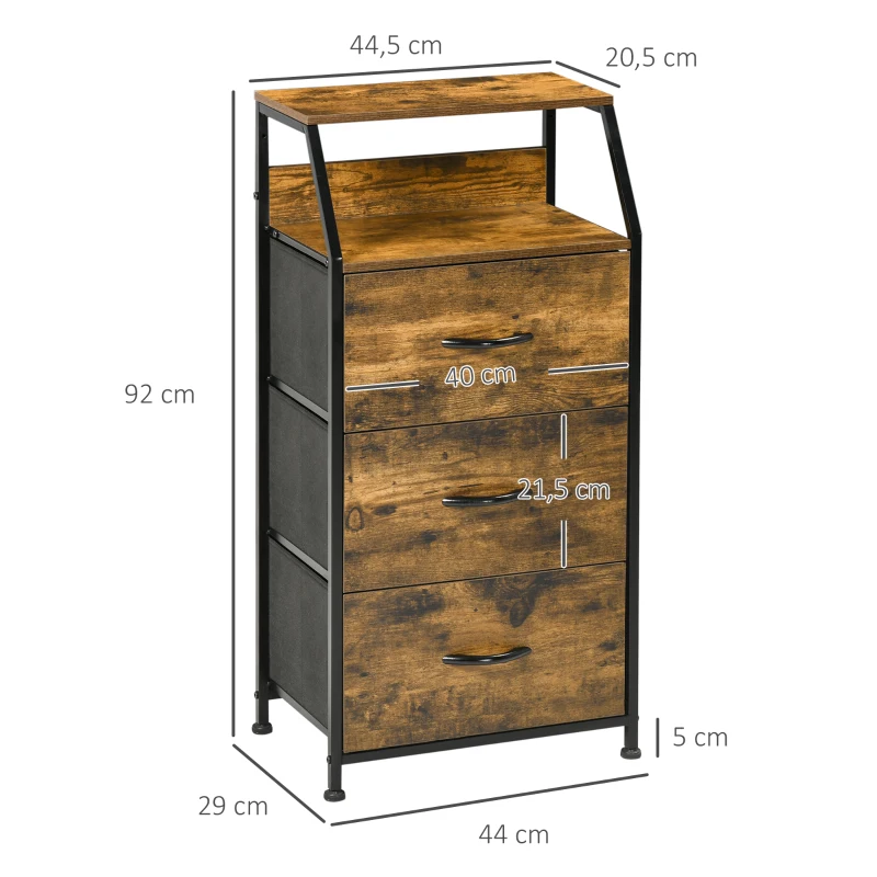 HOMCOM Cómoda com 3 Gavetas de Tecido Dobrável e Prateleira Móvel de Armazenamento Estilo Industrial 44x29x92cm Marrom Rústico