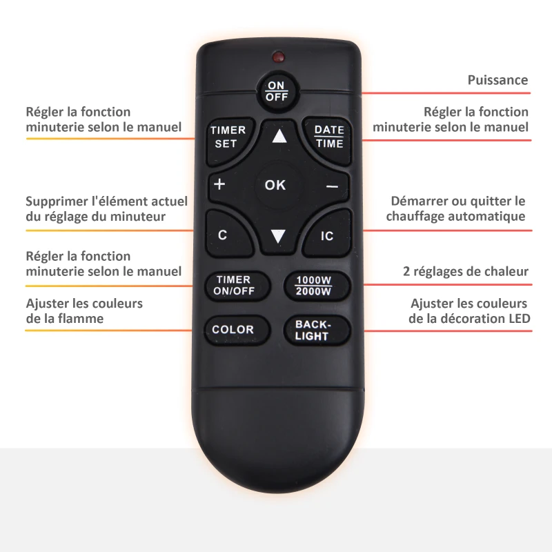 HOMCOM Cheminée électrique Murale LED 7 Effets Flammes + 7 Couleurs Ambiance + Galets télécommande Thermostat 1000-2000 W minuterie Noir