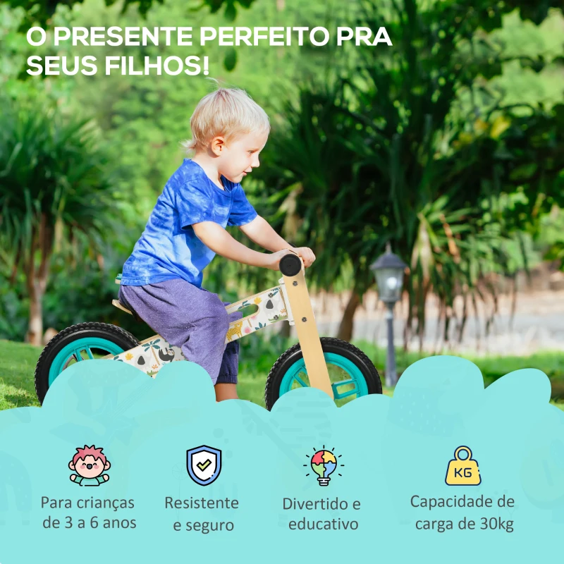 AIYAPLAY Bicicleta sem Pedais de Madeira com Assento Ajustável 34-40cm Bicicleta de Equilíbrio Infantil  87x37x50cm Turquesa