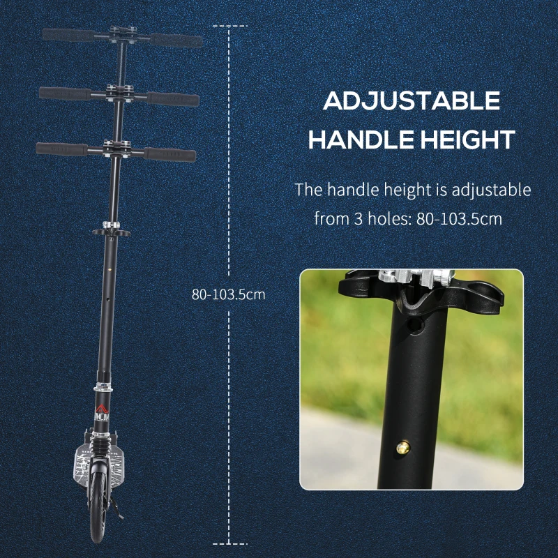 HOMCOM Foldable Kick Scooter w/ Adjustable Handlebar, Rear Brake, 20cm Big Solid Wheels and Shock Absorption System, Lightweight Portable Push Scooter for 14+ Teens Adult Kids