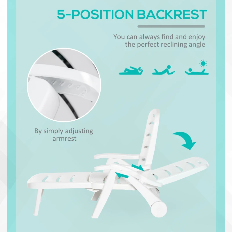 Outsunny Outdoor Folding Sun Lounger Recliner on Wheels w/ 5-Position Backrest, White(m-6)