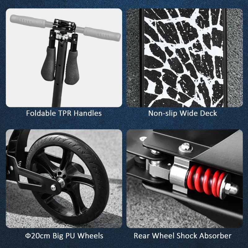 HOMCOM Foldable Kick Scooter w/ Adjustable Handlebar, Rear Brake, 20cm Big Solid Wheels and Shock Absorption System, Lightweight Portable Push Scooter for 14+ Teens Adult Kids