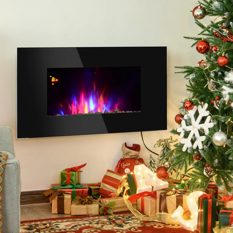 HOMCOM Cheminée électrique Murale LED 7 Effets Flammes + 7 Couleurs Ambiance + Galets télécommande Thermostat 1000-2000 W minuterie Noir