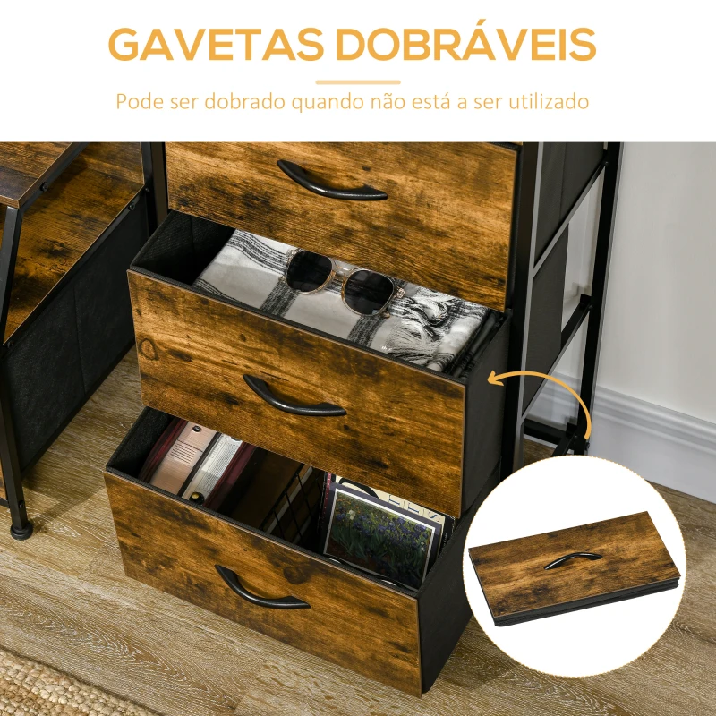 HOMCOM Cómoda com 3 Gavetas de Tecido Dobrável e Prateleira Móvel de Armazenamento Estilo Industrial 44x29x92cm Marrom Rústico