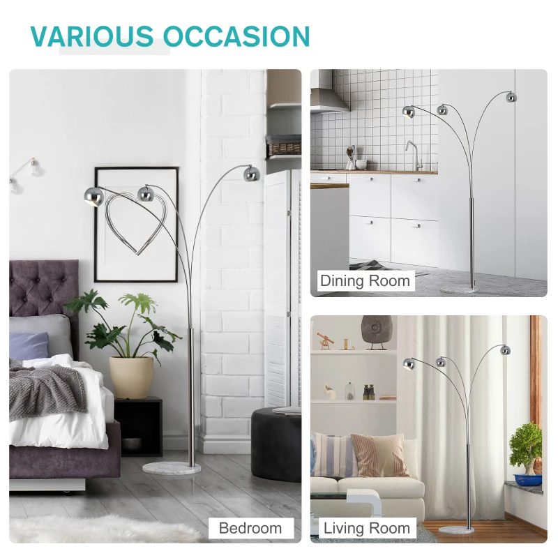 HOMCOM 3-Branch Futuristic Floor Lamp Metal Frame Multi-Light Shade Adjustable Rotating w/ Marble Base, 198cm, Silver