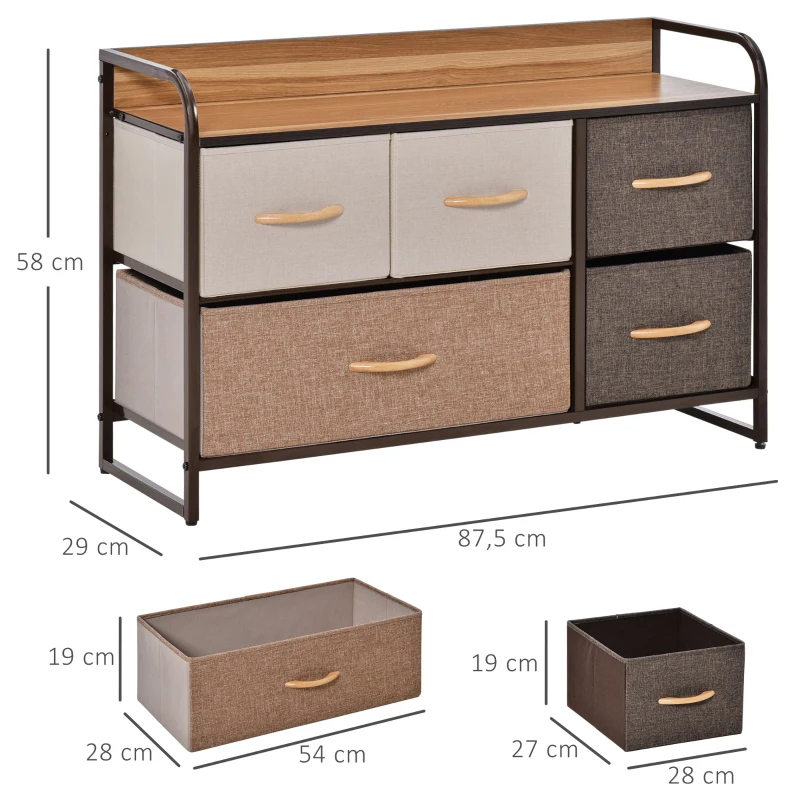 HOMCOM Cómoda com 5 Gavetas de Tecido Amovíveis e Dobráveis Base Elevada Armário de Armazenamento 87,5x29x58cm Multicor