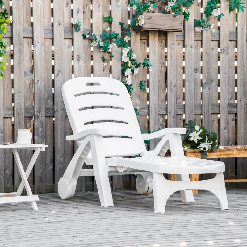 Outsunny Outdoor Folding Sun Lounger Recliner on Wheels w/ 5-Position Backrest, White(m-2)