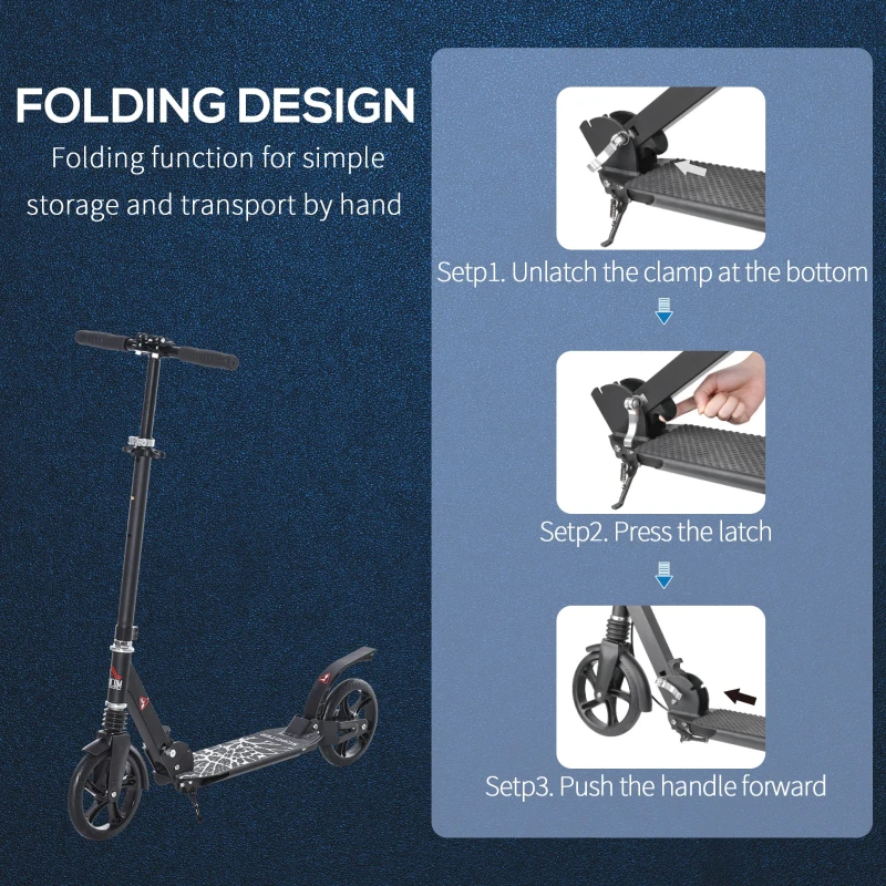 HOMCOM Foldable Kick Scooter w/ Adjustable Handlebar, Rear Brake, 20cm Big Solid Wheels and Shock Absorption System, Lightweight Portable Push Scooter for 14+ Teens Adult Kids