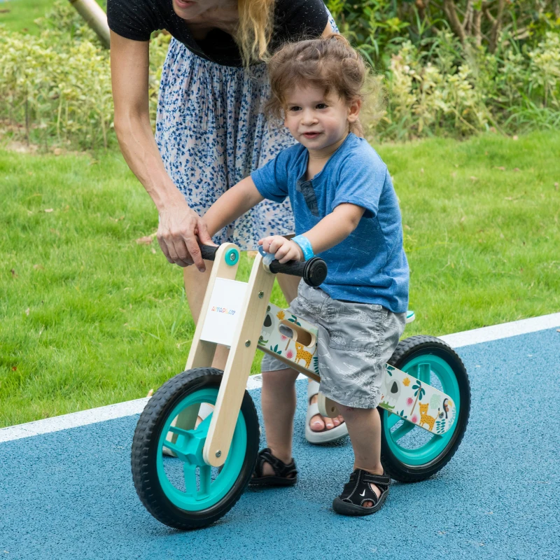 AIYAPLAY Bicicleta sem Pedais de Madeira com Assento Ajustável 34-40cm Bicicleta de Equilíbrio Infantil  87x37x50cm Turquesa