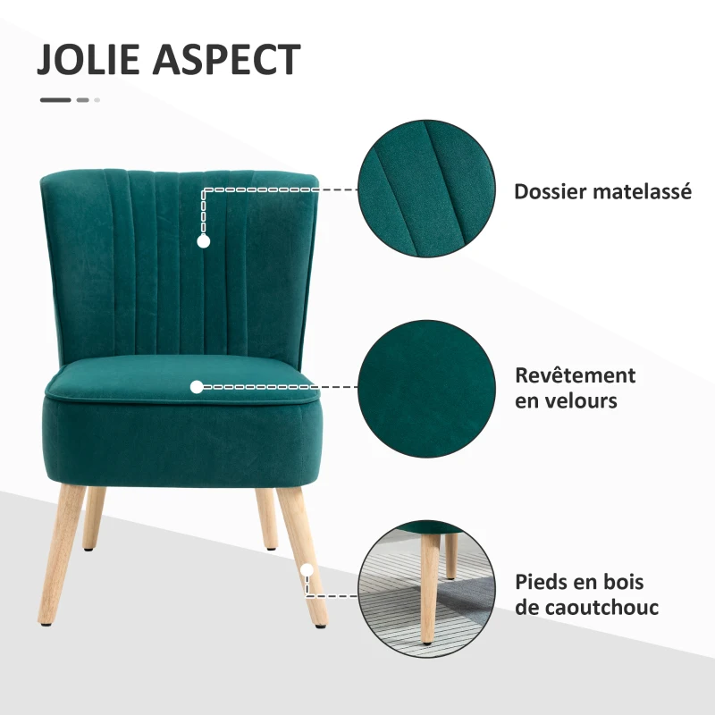 HOMCOM Fauteuil scandinave Fauteuil de salon Fauteuil relax Fauteuil velours pour chambre Pieds en Bois Massif revêtement velours Turquoise