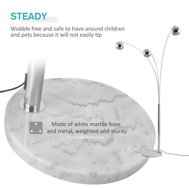 HOMCOM 3-Branch Futuristic Floor Lamp Metal Frame Multi-Light Shade Adjustable Rotating w/ Marble Base, 198cm, Silver