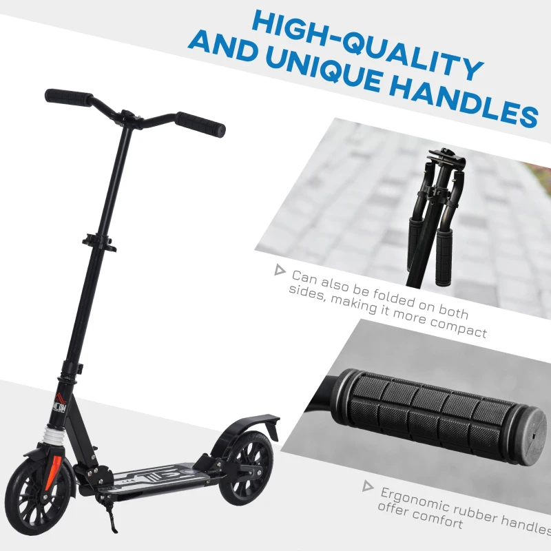 HOMCOM Kick Scooter Foldable Height Adjustable Aluminum Ride for 14+ Adult Teens with Rear Wheel Brake, Shock Mitigation System and Supported Stand
