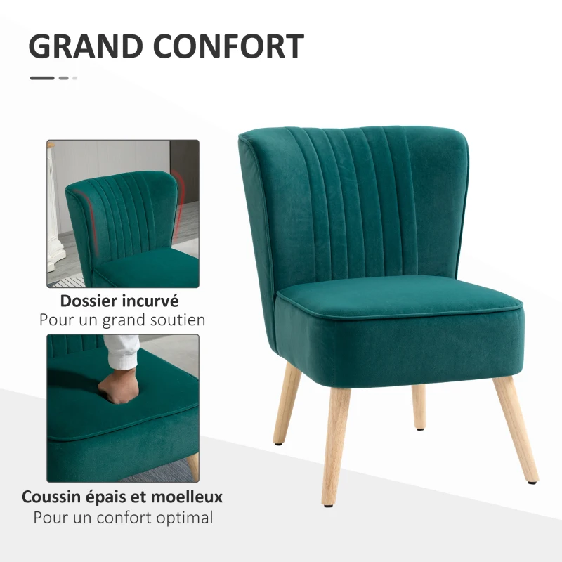 HOMCOM Fauteuil scandinave Fauteuil de salon Fauteuil relax Fauteuil velours pour chambre Pieds en Bois Massif revêtement velours Turquoise