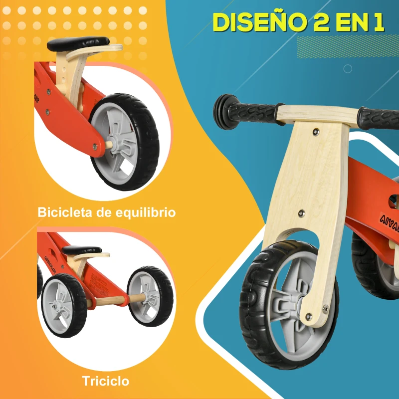 AIYAPLAY 2 en 1 Bicicleta sin Pedales de Madera para +18 Meses Triciclo Infantil con Sillín Ajustable 60x38x38 cm Rojo