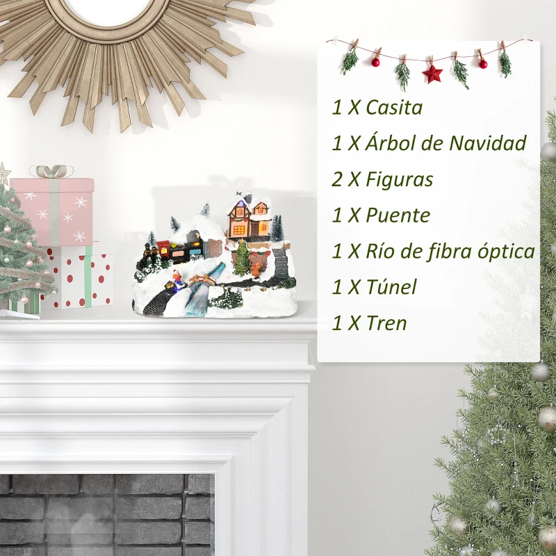 HOMCOM Pueblo Navideño Escena Navideña con Luces LED y Tren Móvil Decoración Navideña Sobremesa 30x19x19,5 cm Multicolor