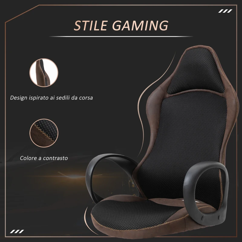 Vinsetto Sedia da Gaming e Ufficio Altezza Regolabile e Dondolamento, Girevole 360° con Ruote, Tessuto Nero e Marrone, 63x67x 116-126cm