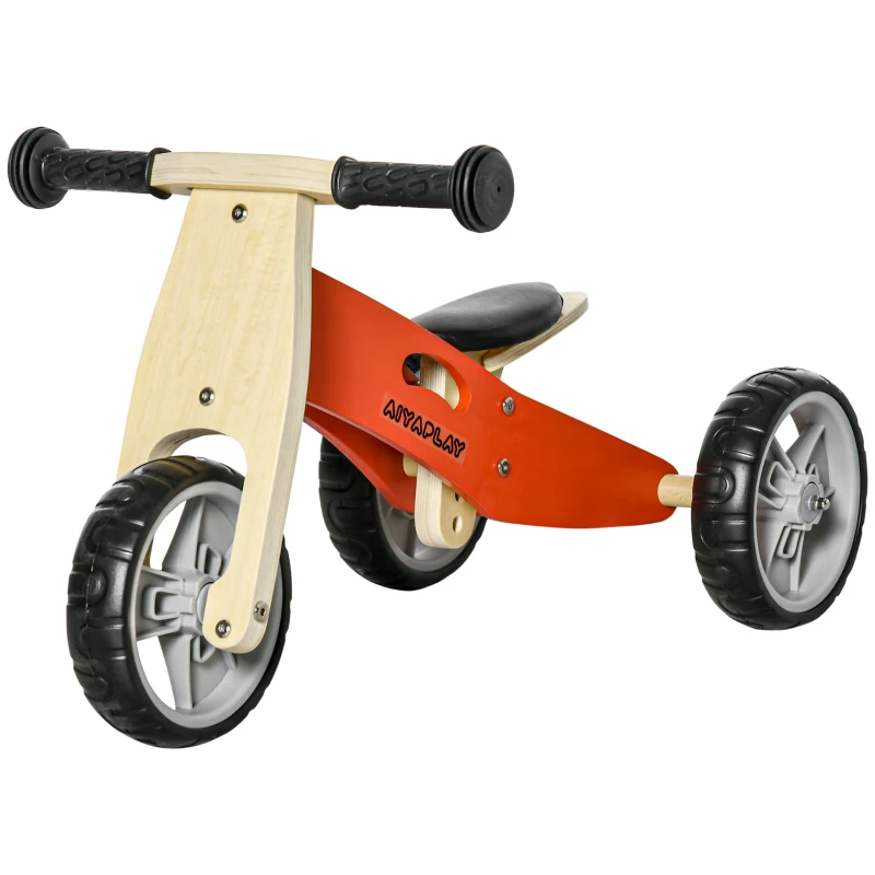 AIYAPLAY 2 en 1 Bicicleta sin Pedales de Madera para +18 Meses Triciclo Infantil con Sillín Ajustable 60x38x38 cm Rojo