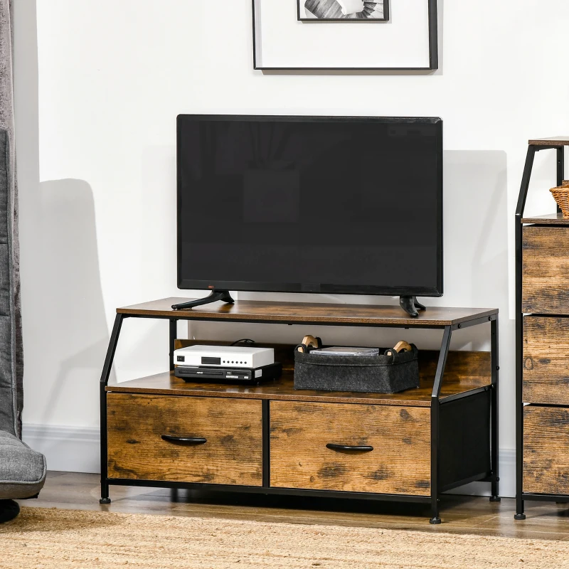 HOMCOM Mueble para TV con 2 Cajones de Tela Plegable y Estante Abierto de Estilo Industrial 93x39x48,5 cm Marrón Rústico