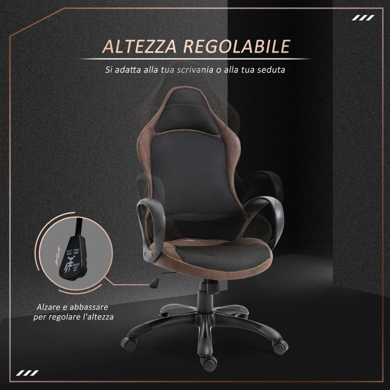 Vinsetto Sedia da Gaming e Ufficio Altezza Regolabile e Dondolamento, Girevole 360° con Ruote, Tessuto Nero e Marrone, 63x67x 116-126cm