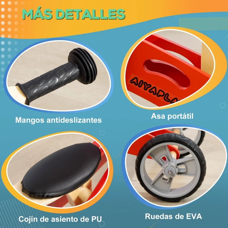AIYAPLAY 2 en 1 Bicicleta sin Pedales de Madera para +18 Meses Triciclo Infantil con Sillín Ajustable 60x38x38 cm Rojo