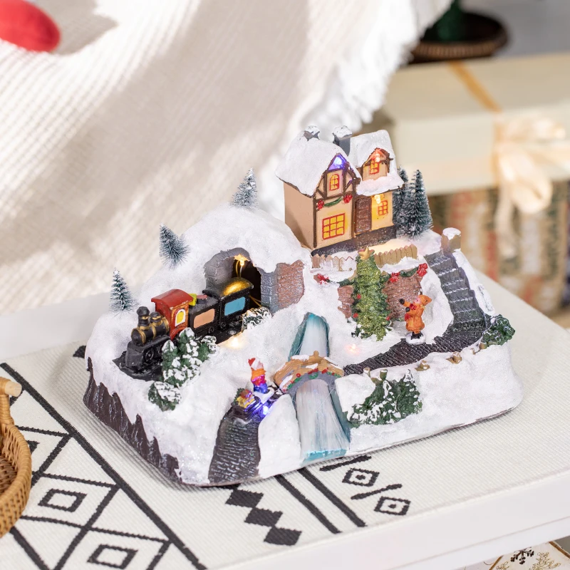 HOMCOM Pueblo Navideño Escena Navideña con Luces LED y Tren Móvil Decoración Navideña Sobremesa 30x19x19,5 cm Multicolor