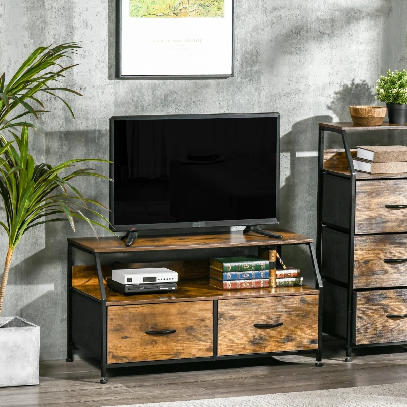 HOMCOM Mueble para TV con 2 Cajones de Tela Plegable y Estante Abierto de Estilo Industrial 93x39x48,5 cm Marrón Rústico