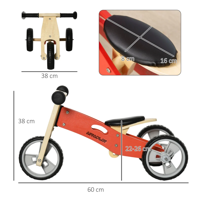 AIYAPLAY 2 en 1 Bicicleta sin Pedales de Madera para +18 Meses Triciclo Infantil con Sillín Ajustable 60x38x38 cm Rojo