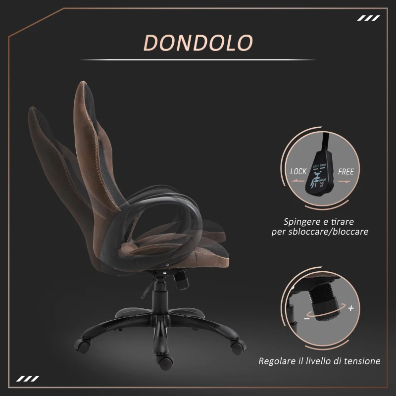 Vinsetto Sedia da Gaming e Ufficio Altezza Regolabile e Dondolamento, Girevole 360° con Ruote, Tessuto Nero e Marrone, 63x67x 116-126cm