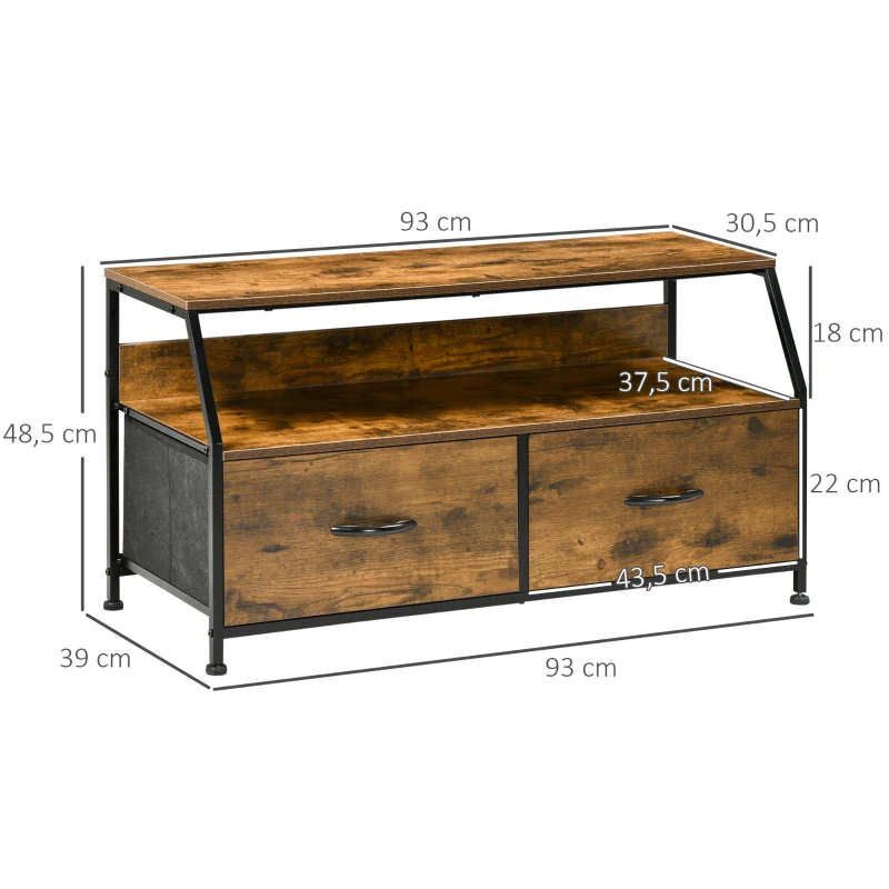 HOMCOM Mueble para TV con 2 Cajones de Tela Plegable y Estante Abierto de Estilo Industrial 93x39x48,5 cm Marrón Rústico