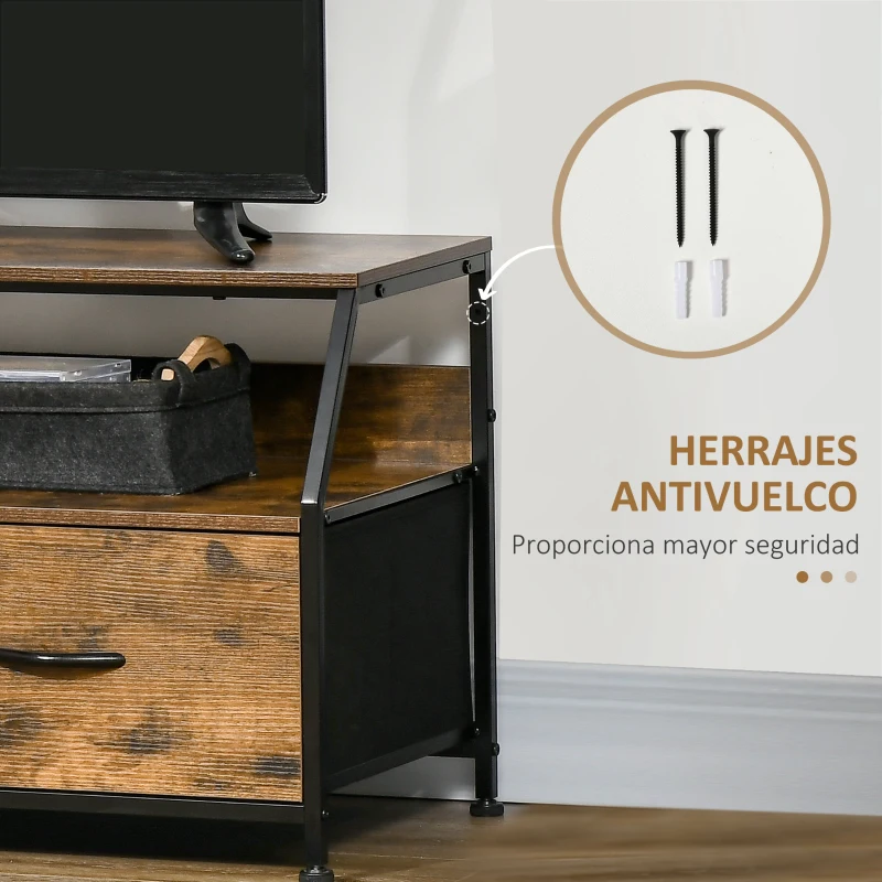 HOMCOM Mueble para TV con 2 Cajones de Tela Plegable y Estante Abierto de Estilo Industrial 93x39x48,5 cm Marrón Rústico