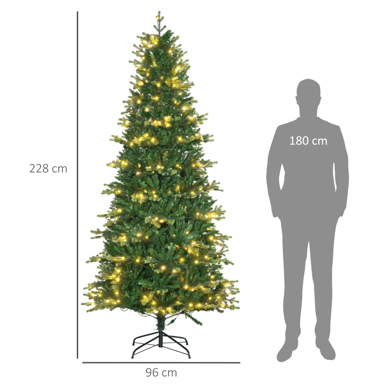 HOMCOM Árbol de Navidad Artificial de 228cm con Luces Preinstaladas Decoración Navideña para Interiores Ø96x228 cm Verde