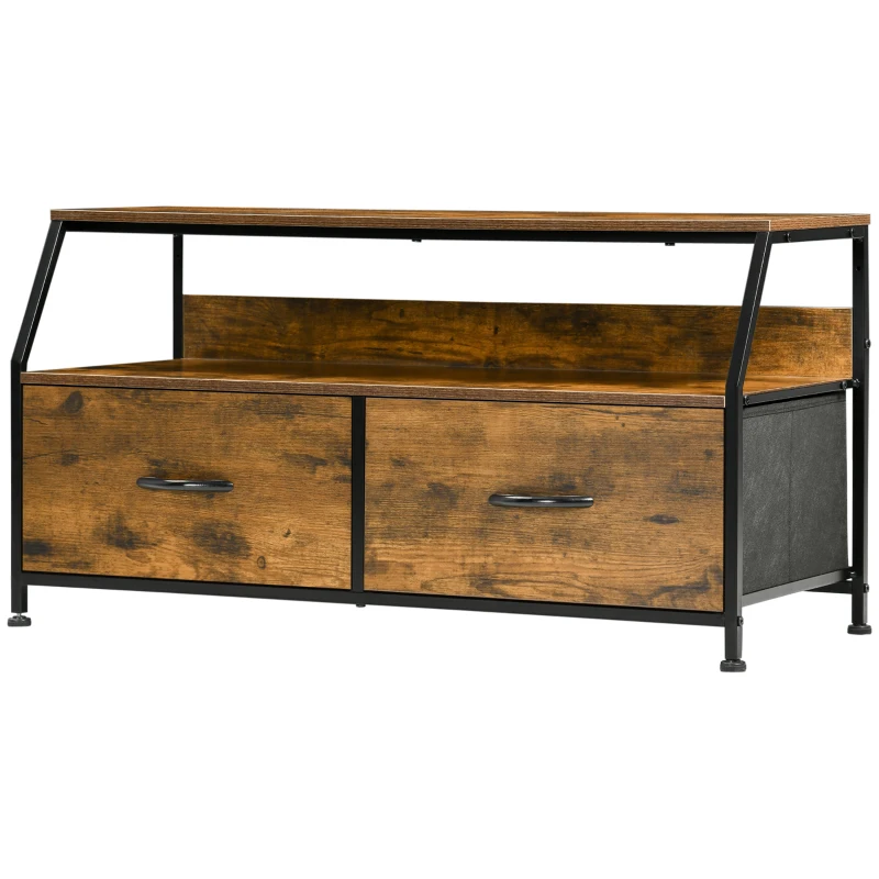 HOMCOM Mueble para TV con 2 Cajones de Tela Plegable y Estante Abierto de Estilo Industrial 93x39x48,5 cm Marrón Rústico