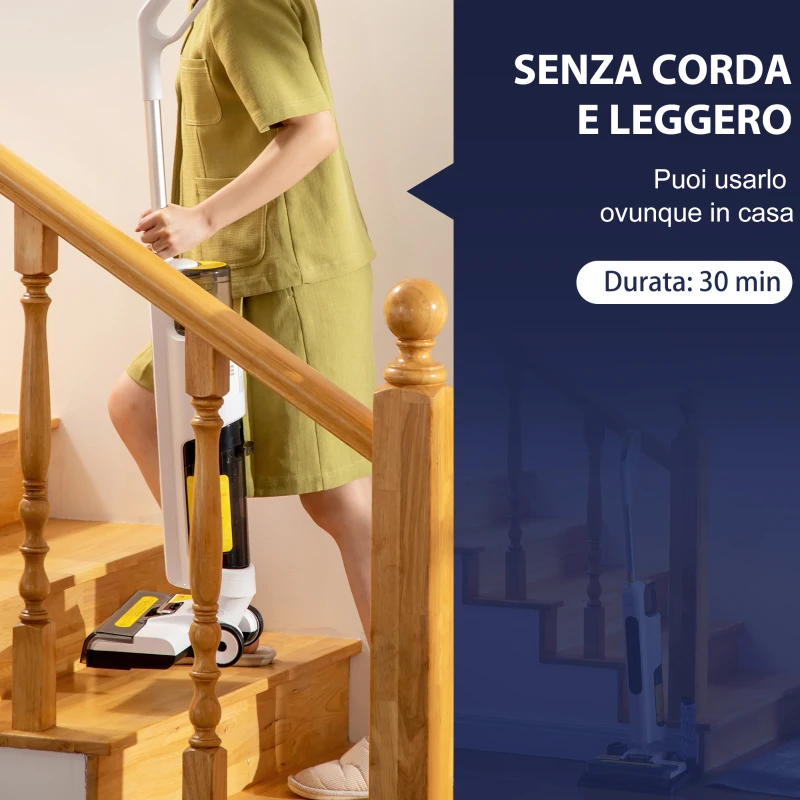 HOMCOM Aspirapolvere Senza Fili Wet & Dry, Scopa Elettrica Lavapavimenti con 2 Serbatoi