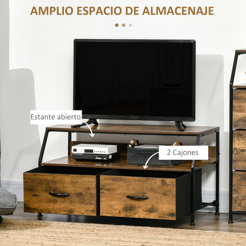 HOMCOM Mueble para TV con 2 Cajones de Tela Plegable y Estante Abierto de Estilo Industrial 93x39x48,5 cm Marrón Rústico