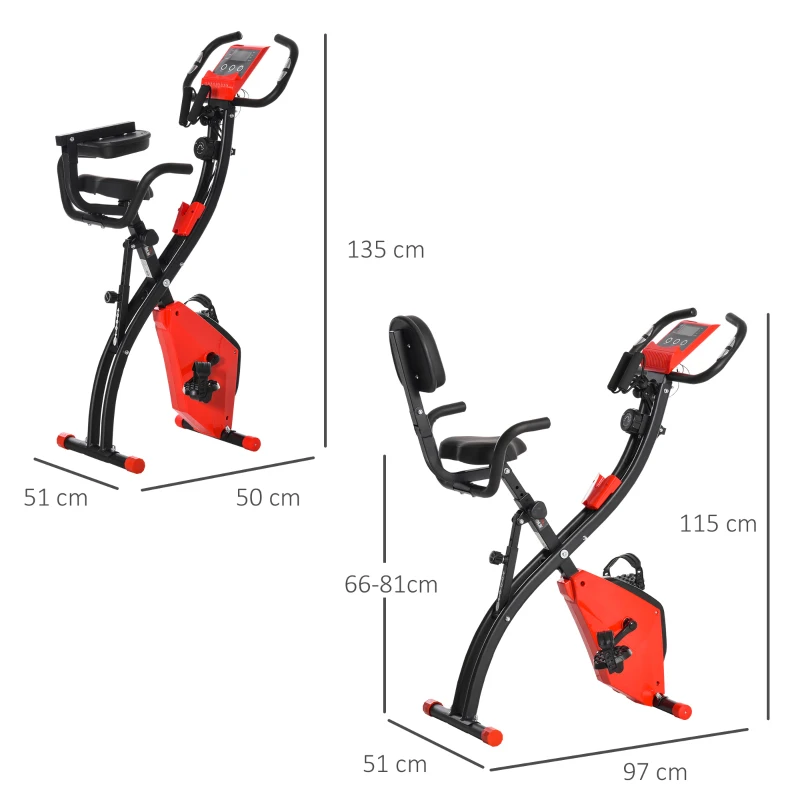 HOMCOM 2-in-1 Folding Exercise Bike with 8-Level Magnetic Resistance, Arm Resistance Band, Pulse Sensor, Red