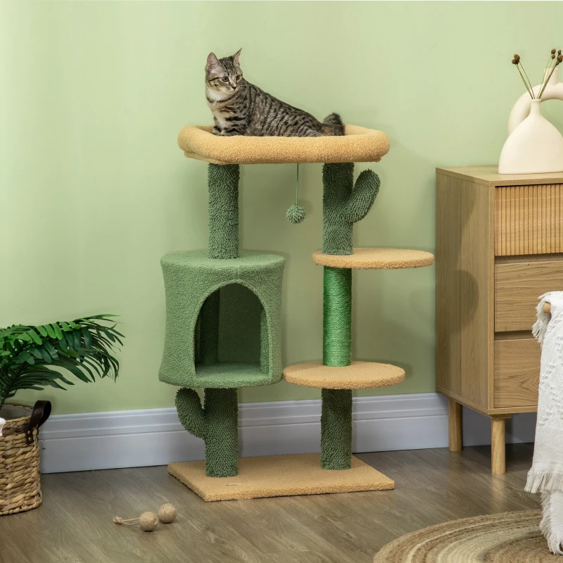 PawHut Cactus Designed Cat Tree, with Scratching Post, Cat House and Bed - Green