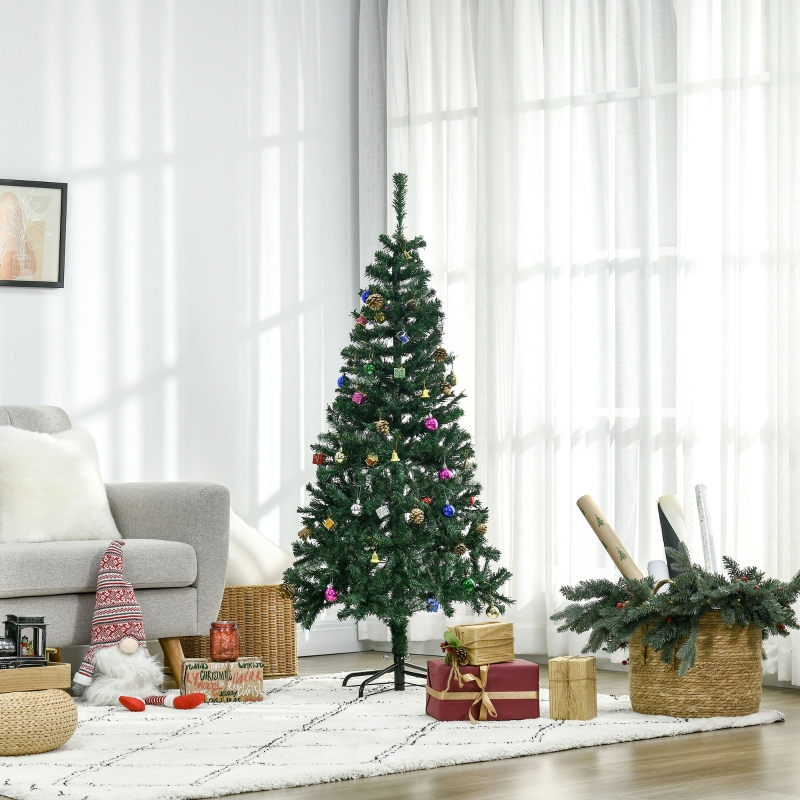 HomCom Brad de Craciun 150cm cu Globuri si Decoratiuni, verde