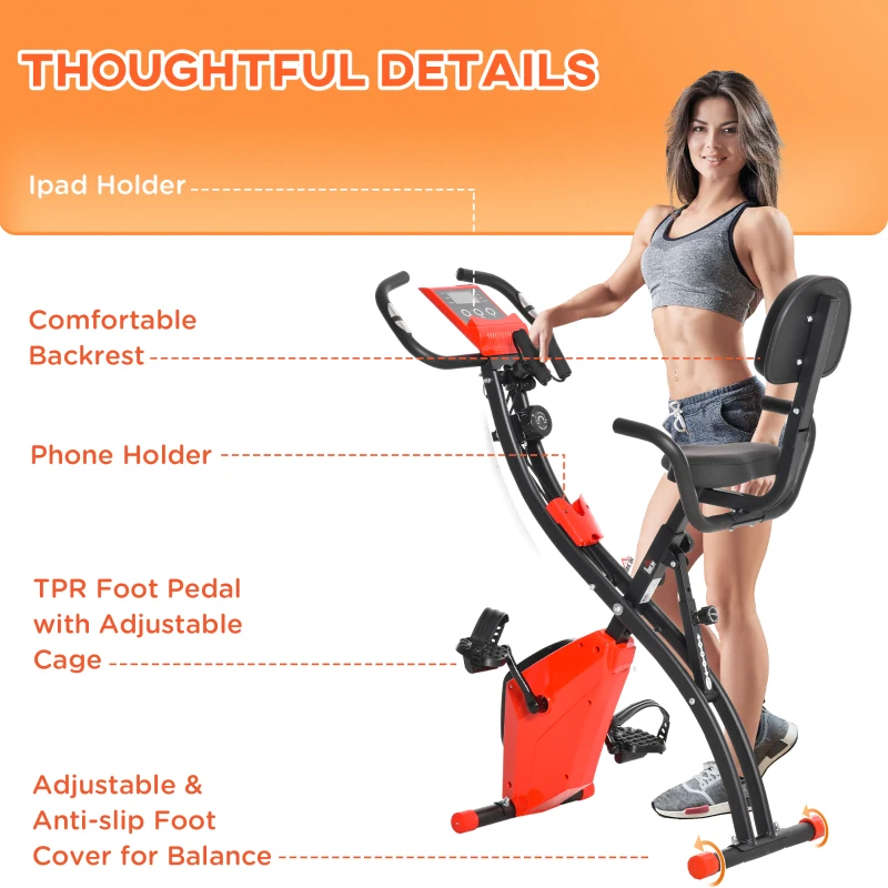 HOMCOM 2-in-1 Folding Exercise Bike with 8-Level Magnetic Resistance, Arm Resistance Band, Pulse Sensor, Red