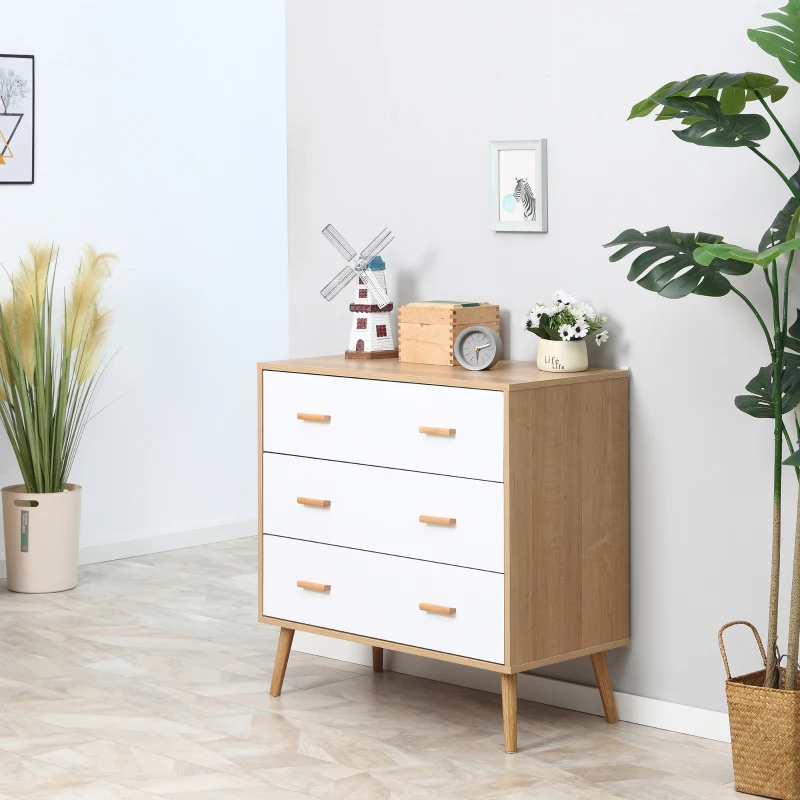 HOMCOM Cómoda de Madeira com 3 Gavetas Armário Auxiliar de Armazenamento Moderna com Pés Elevados para Dormitório Sala de Estar 80x39x80cm Branco e Madeira Natural