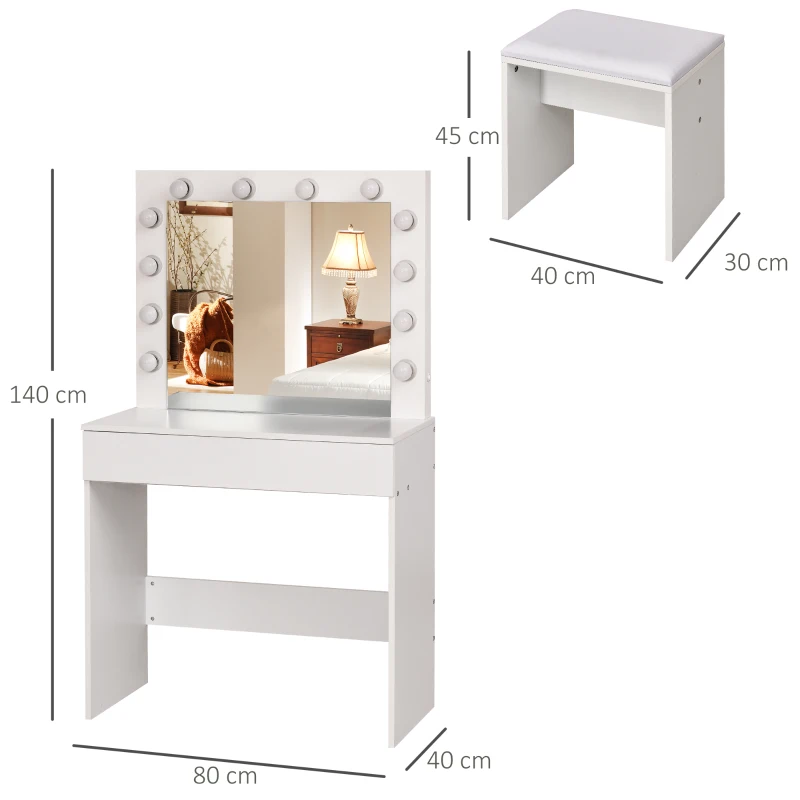 Homcom Masa Machiaj cu 12 LED & Scaun Tapitat, Alb