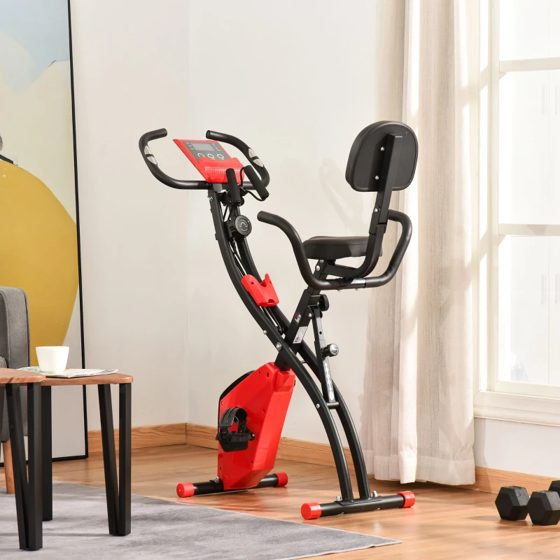 HOMCOM 2-in-1 Folding Exercise Bike with 8-Level Magnetic Resistance, Arm Resistance Band, Pulse Sensor, Red