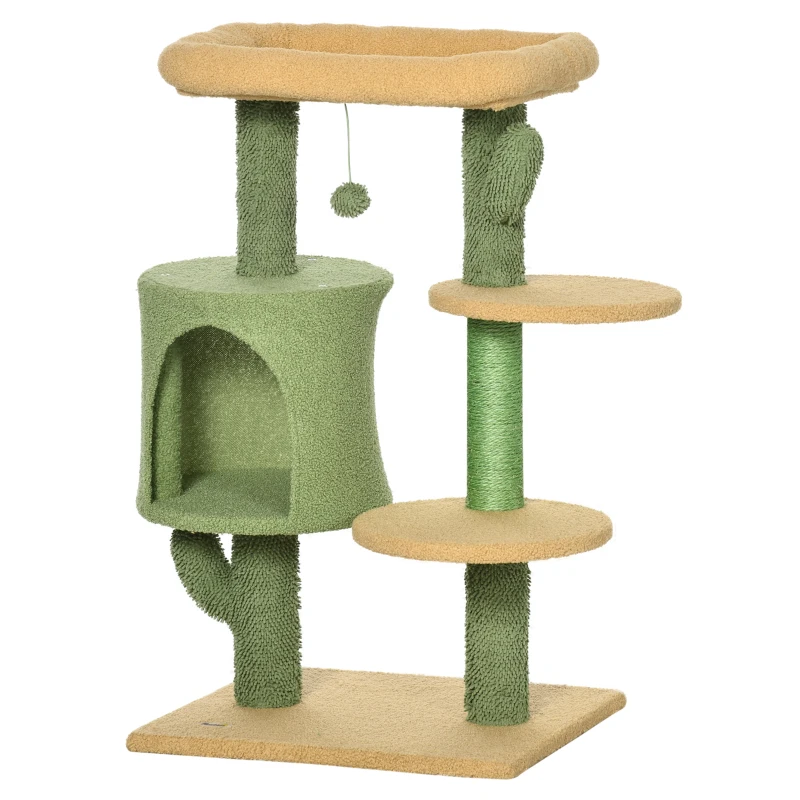 PawHut Cactus Designed Cat Tree, with Scratching Post, Cat House and Bed - Green