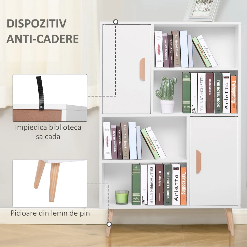 Homcom Biblioteca 80×23,5×123 cm – Alba, Cu 2 Usi & Spatii Deschise