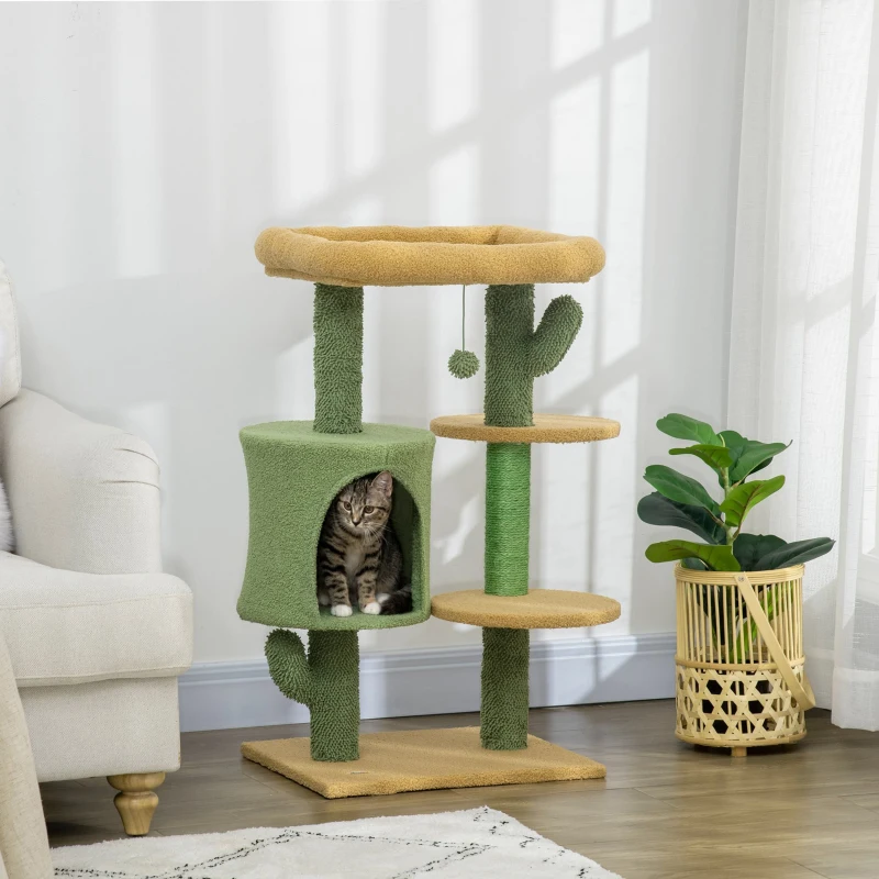 PawHut Cactus Designed Cat Tree, with Scratching Post, Cat House and Bed - Green