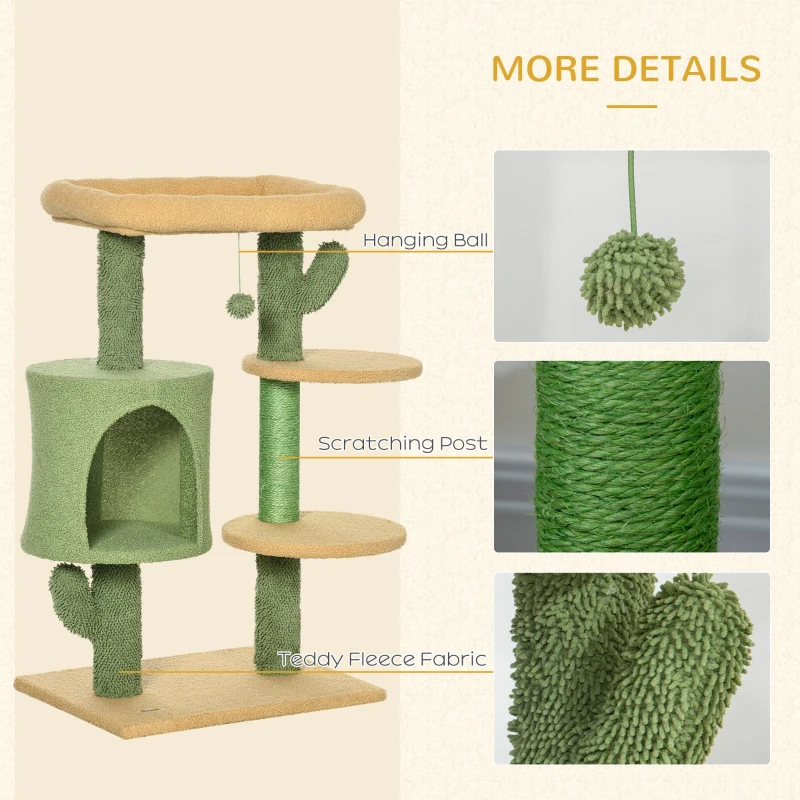 PawHut Cactus Designed Cat Tree, with Scratching Post, Cat House and Bed - Green