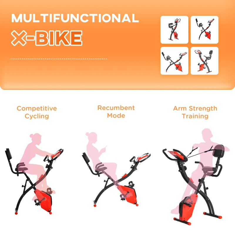 HOMCOM 2-in-1 Folding Exercise Bike with 8-Level Magnetic Resistance, Arm Resistance Band, Pulse Sensor, Red